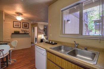 Sink, Wood Cabinets, Dishwasher, Woodinspired Floor